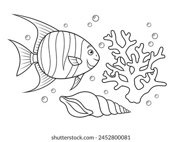 Spadefish with a coral and a seashell. Vector black and white illustration for coloring book page.