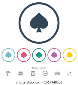 Spades card symbol flat color icons in round outlines. 6 bonus icons included.