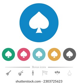 Spades card symbol flat white icons on round color backgrounds. 6 bonus icons included.