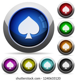 Spades card symbol icons in round glossy buttons with steel frames