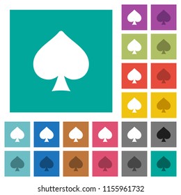 Spades card symbol multi colored flat icons on plain square backgrounds. Included white and darker icon variations for hover or active effects.