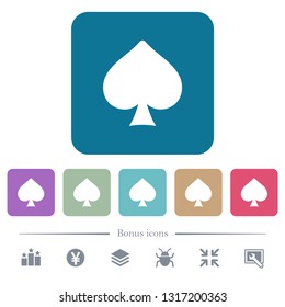 Spades card symbol white flat icons on color rounded square backgrounds. 6 bonus icons included