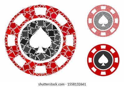 Spades casino chip composition of tremulant parts in different sizes and color tones, based on spades casino chip icon. Vector trembly dots are united into composition.
