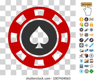 Spades Casino Chip icon with bonus bitcoin mining and blockchain pictographs. Vector illustration style is flat iconic symbols. Designed for blockchain software.