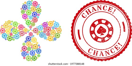 Spades casino chip multicolored twirl composition, and red round CHANCE Exciting. unclean rubber print. Spades casino chip symbol inside round stamp print.