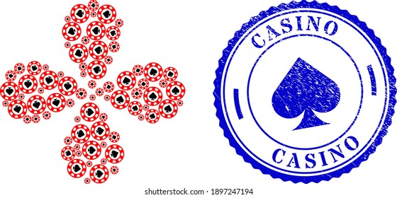 Spades casino chip swirl flower with four petals, and blue round CASINO unclean rubber print with icon inside. Element twirl done from oriented spades casino chip items.