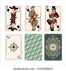 Spades deck playing card. Pirates style character. Black rank illustration game card