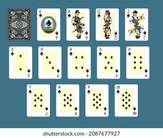 Spades deck playing card.  steampunk style character. Black rank illustration game card