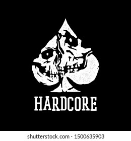 Spades in the form of two skulls with the inscription hardcore. Vector.