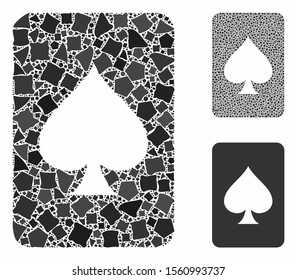 Spades gambling card composition of rugged pieces in different sizes and color hues, based on spades gambling card icon. Vector humpy pieces are united into collage.