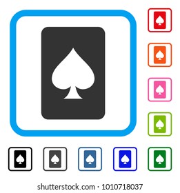 Spades Gambling Card icon. Flat grey iconic symbol inside a blue rounded rectangular frame. Black, grey, green, blue, red, orange color variants of spades gambling card vector.