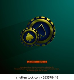 spades golden casino chip isolated on green background