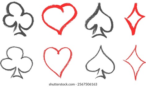 Spades Hearts Clubs Diamonds Poker Symbols Icons Crayon Chalk Drawing Vector Set