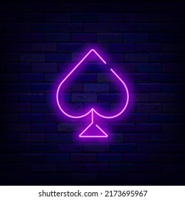 Spades neon icon. Purple sign. Playing cards suit. Casino concept. Glowing effect label on brick wall. Editable stroke. Vector stock illustration