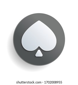 Spades, playing card game, outline design. White paper symbol on gray round button or badge with shadow