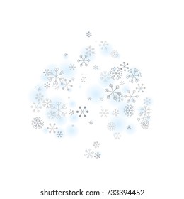 Spades shaped Christmas background with random scatter falling silver snowflakes and blue blurred dots isolated on white.