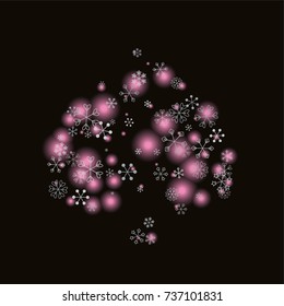 Spades shaped Christmas background with random scatter falling silver snowflakes and pink blurred lights isolated on black