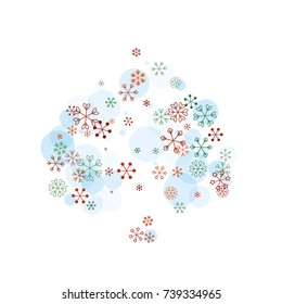 Spades shaped Christmas background with random scatter falling colorful snowflakes and blue polka dots isolated on white.