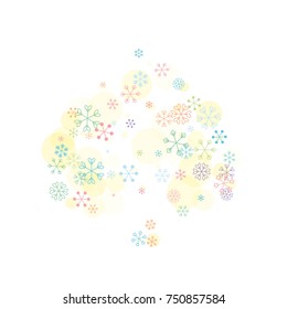 Spades shaped Christmas background with random scatter falling colorful snowflakes and yellow polka dots isolated on white.