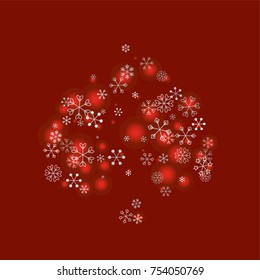 Spades shaped Christmas background with random scatter falling silver snowflakes and red blurred lights on a burgundy background.