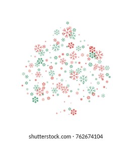 Spades shaped Christmas background with random scatter falling red and green snowflakes isolated on white.