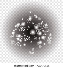 Spades shaped Christmas background with random scatter falling white snowflakes and light blurred dots on a transparent background.