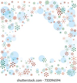 Spades shaped frame or border Christmas background with random scatter falling colorful snowflakes and blue polka dots isolated on white.