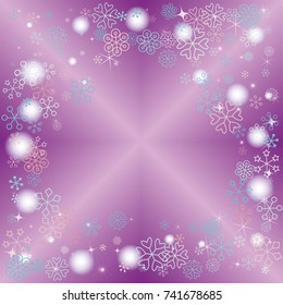 Spades shaped frame or border Christmas background with random scatter falling colorful snowflakes, blurred lights and sparkles on a lilac gradient background
