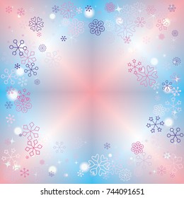 Spades shaped frame or border Christmas background with random scatter falling colorful snowflakes, bright lights and sparkles on a blue and pink blurred background