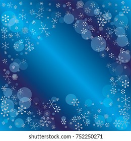 Spades shaped frame or border Christmas background with random scatter falling silver snowflakes and blue polka dots on a navy blue background.