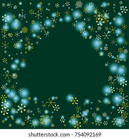 Spades shaped frame or border Christmas background with random scatter falling golden snowflakes and blue blurred lights on a dark green background.