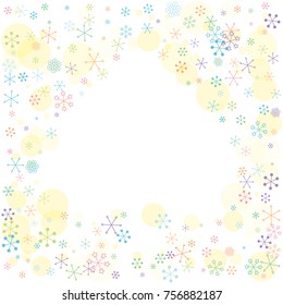 Spades shaped frame or border Christmas background with random scatter falling colorful snowflakes and yellow polka dots isolated on white.