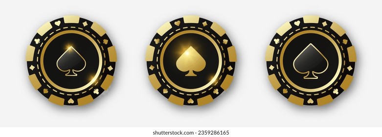 Spades suit chips. Set of gold and black and poker chips. Gambling tokens with suits for poker and casino and roulette. Vector illustration. For game design, advertising web banner and poster.