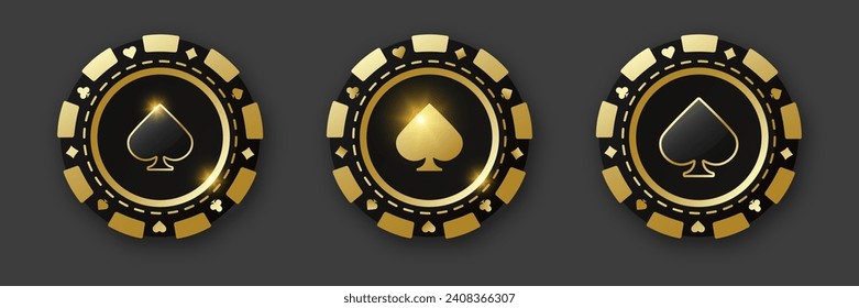 Spades suit chips. Set of gold and black and poker chips. Gambling tokens with suits for poker and casino and roulette. Vector illustration. For game design, advertising web banner and poster.
