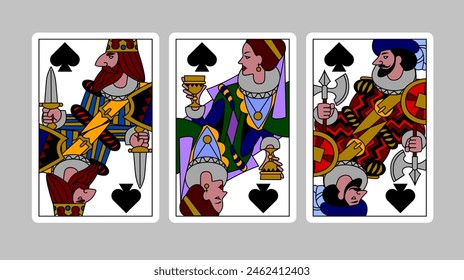 Spades suit playing cards of King, Queen and Jack in funny modern colorful linear style. Vector illustration