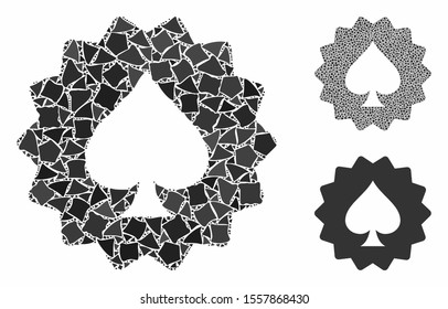 Spades token composition of tuberous parts in various sizes and color tints, based on spades token icon. Vector irregular parts are composed into mosaic.