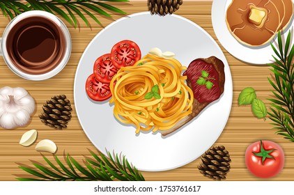 Spagetti And Steak Close Up On Desk Background With Some Leaves Props Illustration