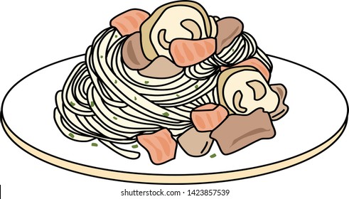 Spaghetti Aglio e Olio with smoked salmon, meat and chopped fresh parsley. Pasta dish. Salmon and chopped dill linguine dish. Mushroom, and salmon pasta. Vector illustration with hand-drawn style.