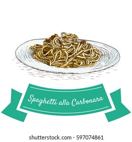 Spaghetti alla Carbonara colorful illustration. Vector illustration of Italian cuisine.