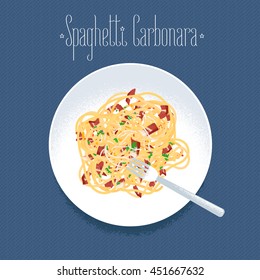 Spaghetti Alla Carbonara, Italian Pasta Vector Design Element For Restaurant Menu, Poster. Traditional Italian Dish Spagetti Carbonara Served For Dinner Illustration