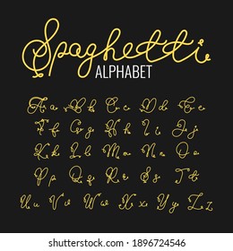 Spaghetti alphabet letters isolated on black background. Italy national food typography. Italian pasta font, text, words. Vector illustration