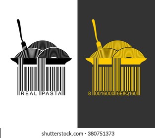 Spaghetti bar code. EAN-13 barcode pasta. Creative mark for packaging meal. Plate with food