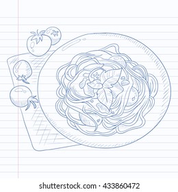 Spaghetti with basil and tomatoes on plate on napkin. Spaghetti hand drawn on notebook paper in line background. Spaghetti  vector sketch illustration.