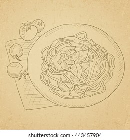 Espagueti con albahaca y tomates en la servilleta. Mano dibujada sobre el viejo fondo de la cosecha de papel. Ilustración de esbozo del vector.