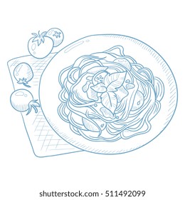 Spaghetti with basil and tomatoes on plate on napkin. Spaghetti with basil and tomatoes hand drawn on white background. Spaghetti on plate on napkin vector illustration. Spaghetti sketch illustration.