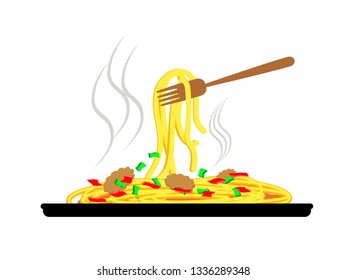 Spaghetti in a black plate and a spoonful of scooping spaghetti in yellow, is a vector illustration of food.