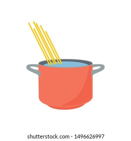 Spaghetti boiling in hot water cooking pot isolated on white background.