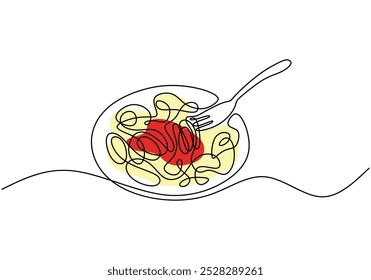 Espaguetis boloñés dibujo de línea continua. Dibujado a mano un esquema del concepto de comida italiana. Ilustración vectorial minimalista aislada sobre fondo blanco.