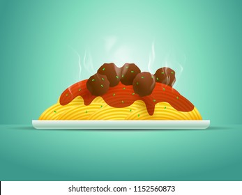 Spaghetti bolognese with meatballs isolated. Realistic vector.