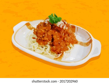 A Spaghetti bolognese and parsley garnish with yellow blackground